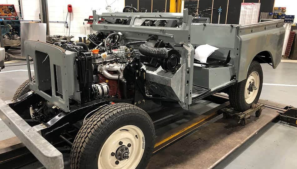 Close-up of the classic land rover series 3 being restored
